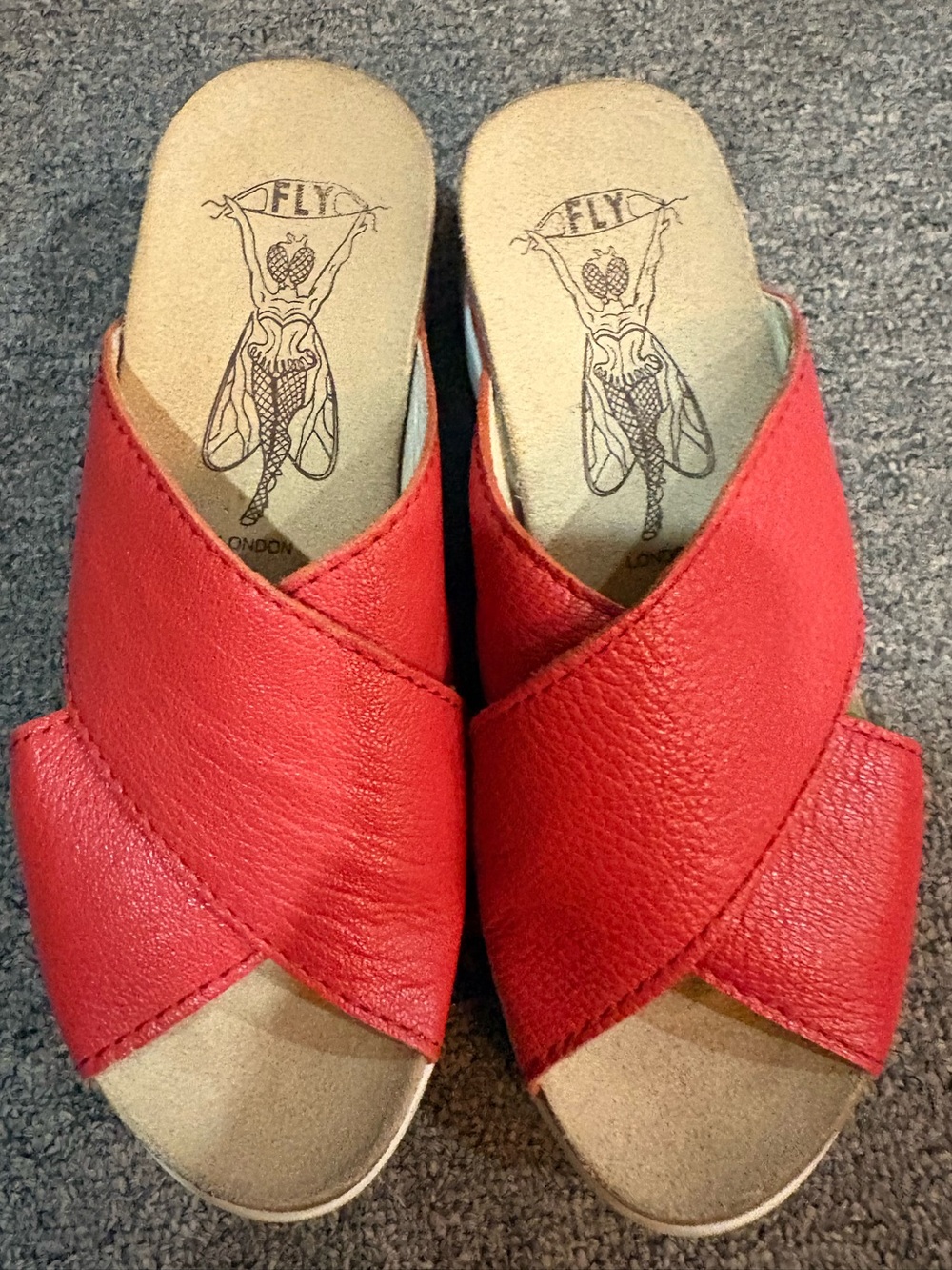 Fly London Red Leather Cross-Over Slide Mules